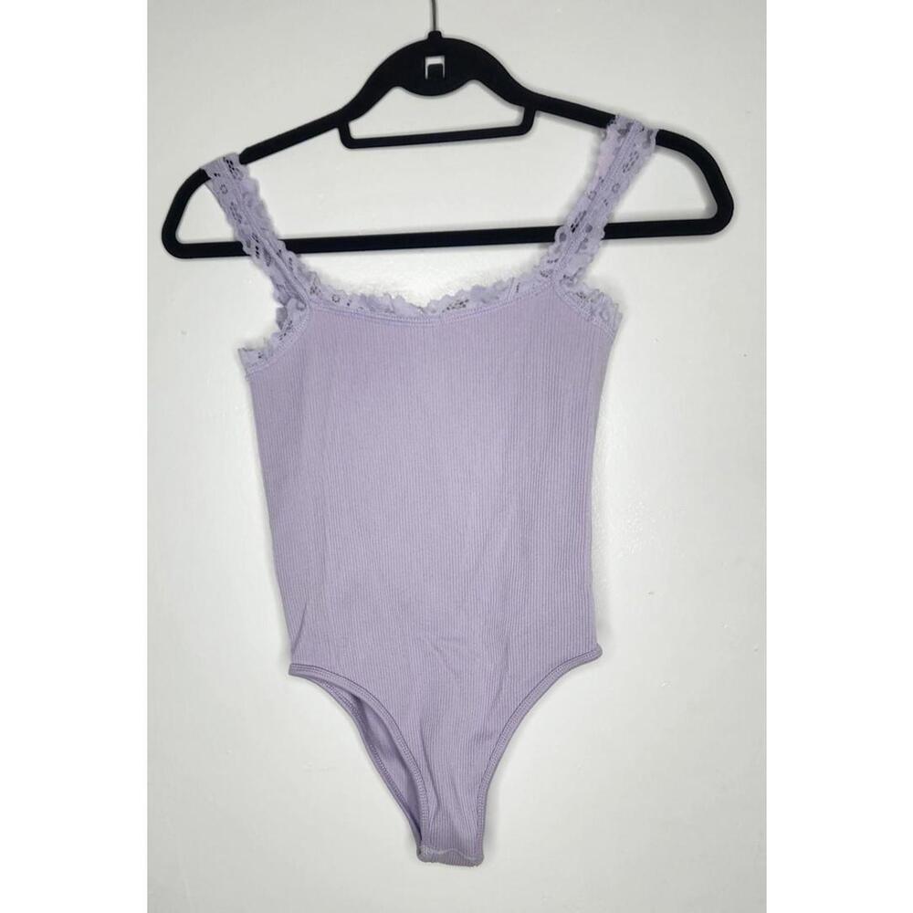 Zara Bodysuit Womens Medium Lavender Ribbed Lace Trim Tank Camisole Stretch